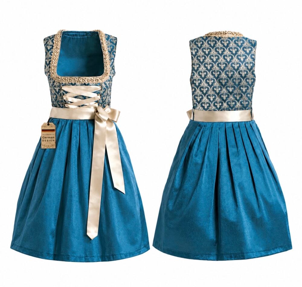 Bavaria Trachten Dirndl Teal Brocade with Gold Detail size Medium